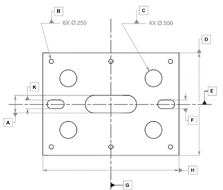 Engineering drawing showing datum E incorrectly on centerline vs datum A correctly on feature of size